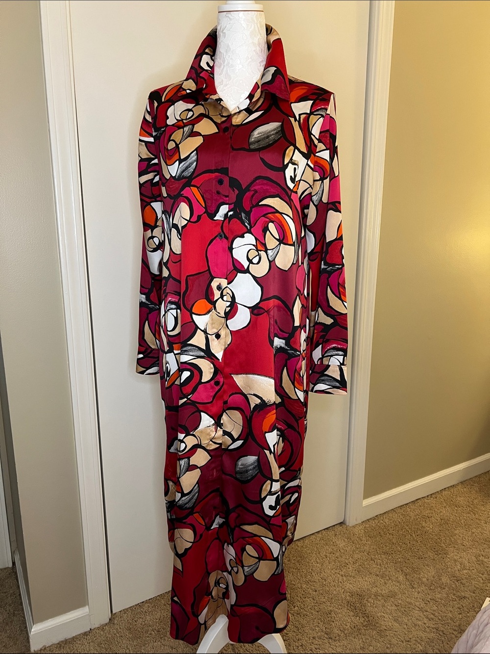 Chico's Red Abstract Floral Maxi Dress with Cream and Black Accents